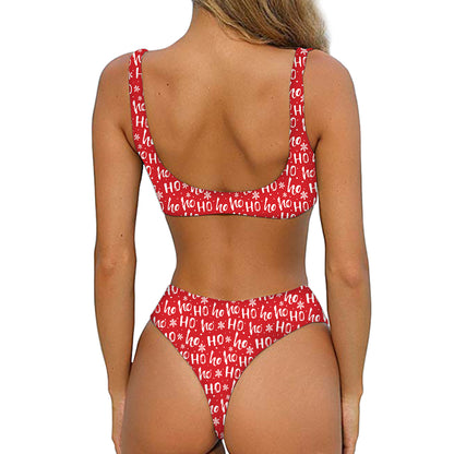 Christmas Santa Laugh Pattern Print Front Bow Tie Bikini