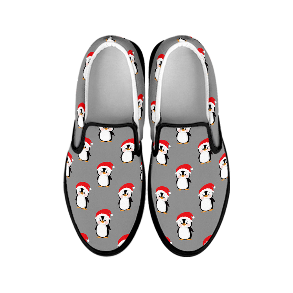 Christmas Santa Penguin Pattern Print Black Slip On Shoes