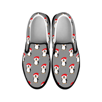 Christmas Santa Penguin Pattern Print Black Slip On Shoes
