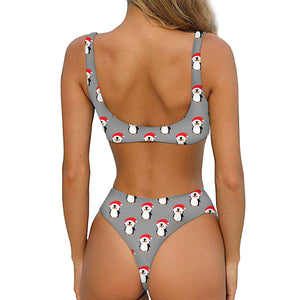 Christmas Santa Penguin Pattern Print Front Bow Tie Bikini