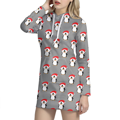 Christmas Santa Penguin Pattern Print Hoodie Dress