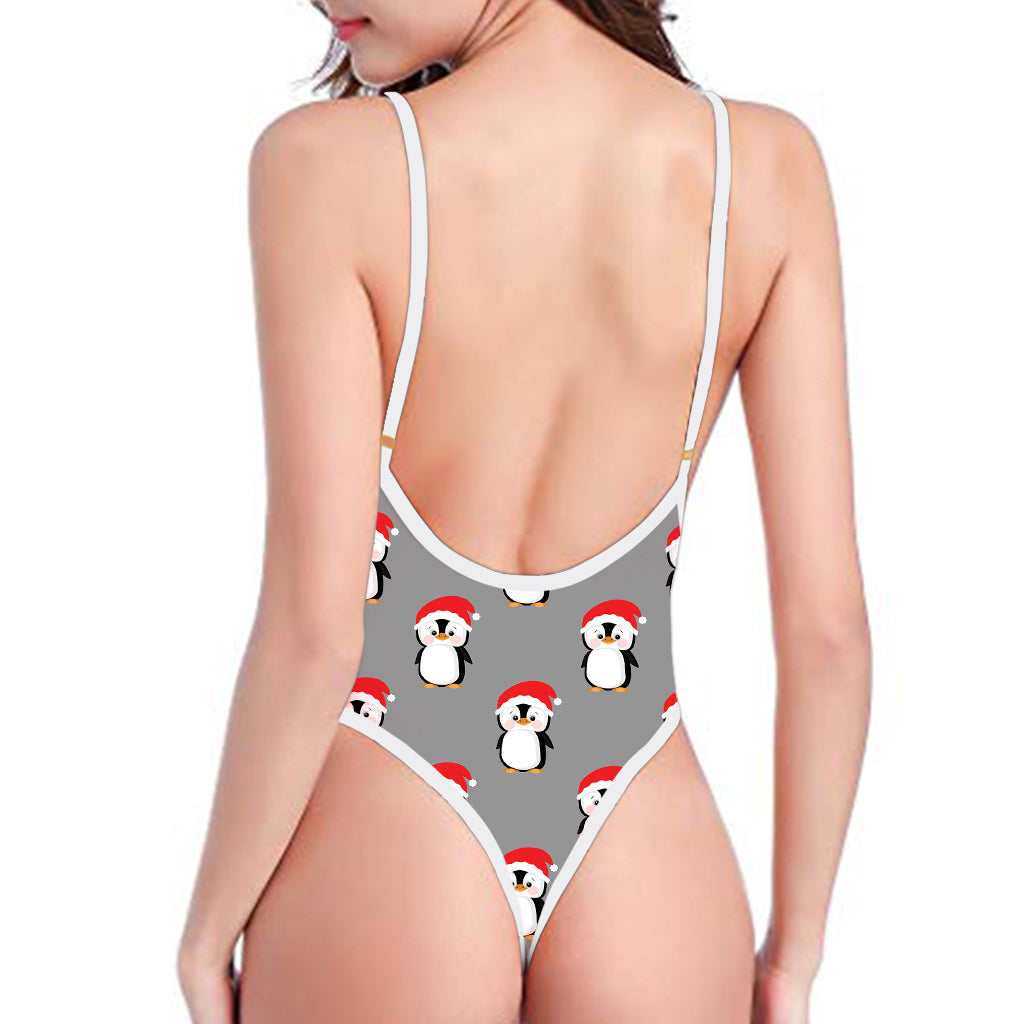 Christmas Santa Penguin Pattern Print One Piece High Cut Swimsuit