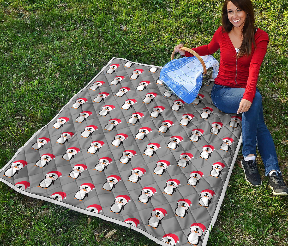 Christmas Santa Penguin Pattern Print Quilt
