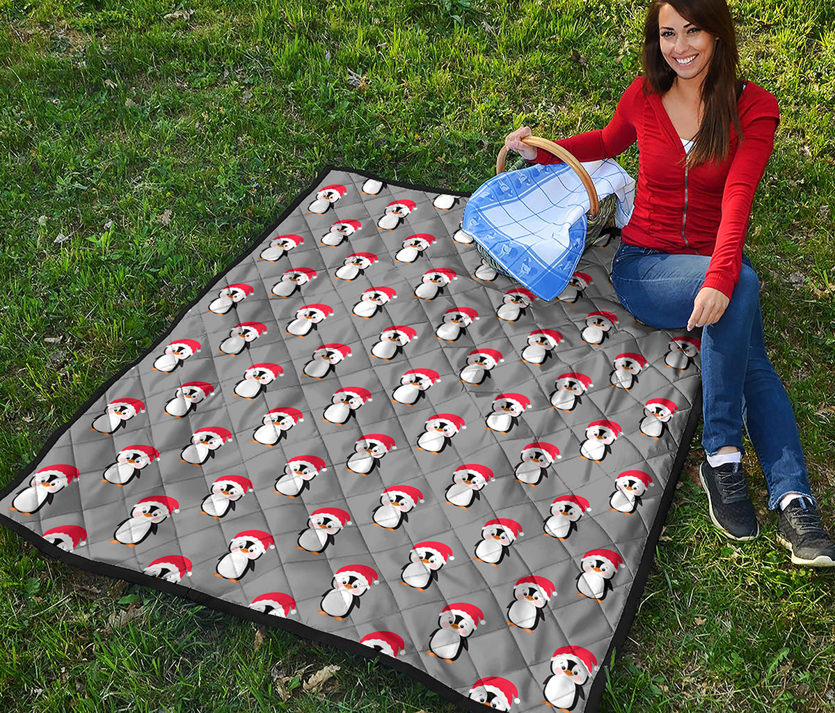 Christmas Santa Penguin Pattern Print Quilt