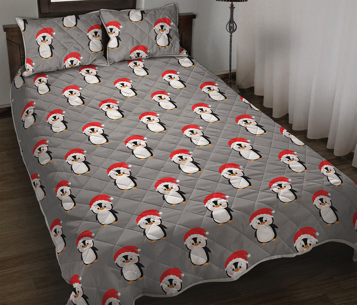 Christmas Santa Penguin Pattern Print Quilt Bed Set