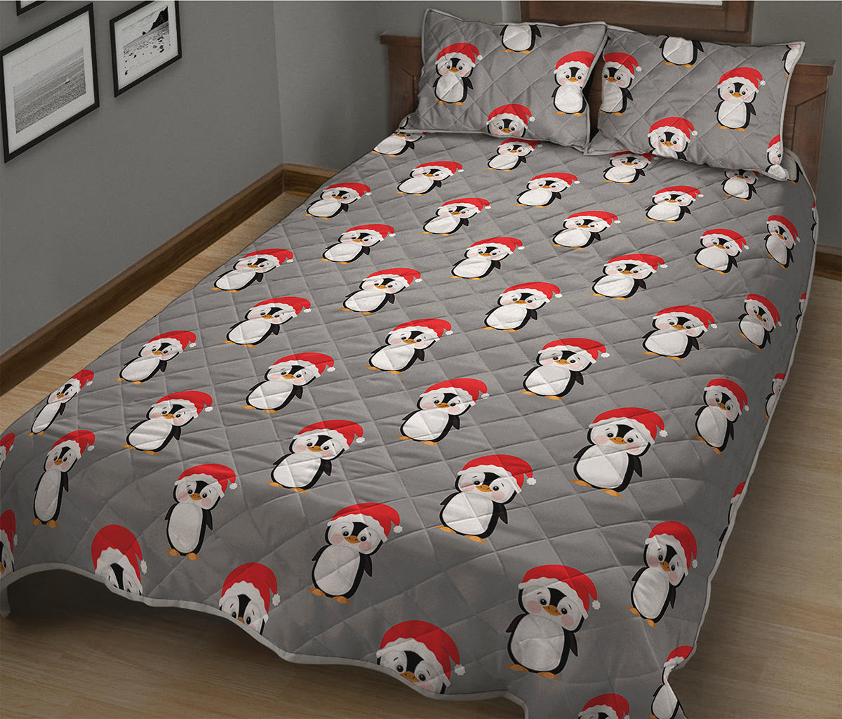 Christmas Santa Penguin Pattern Print Quilt Bed Set