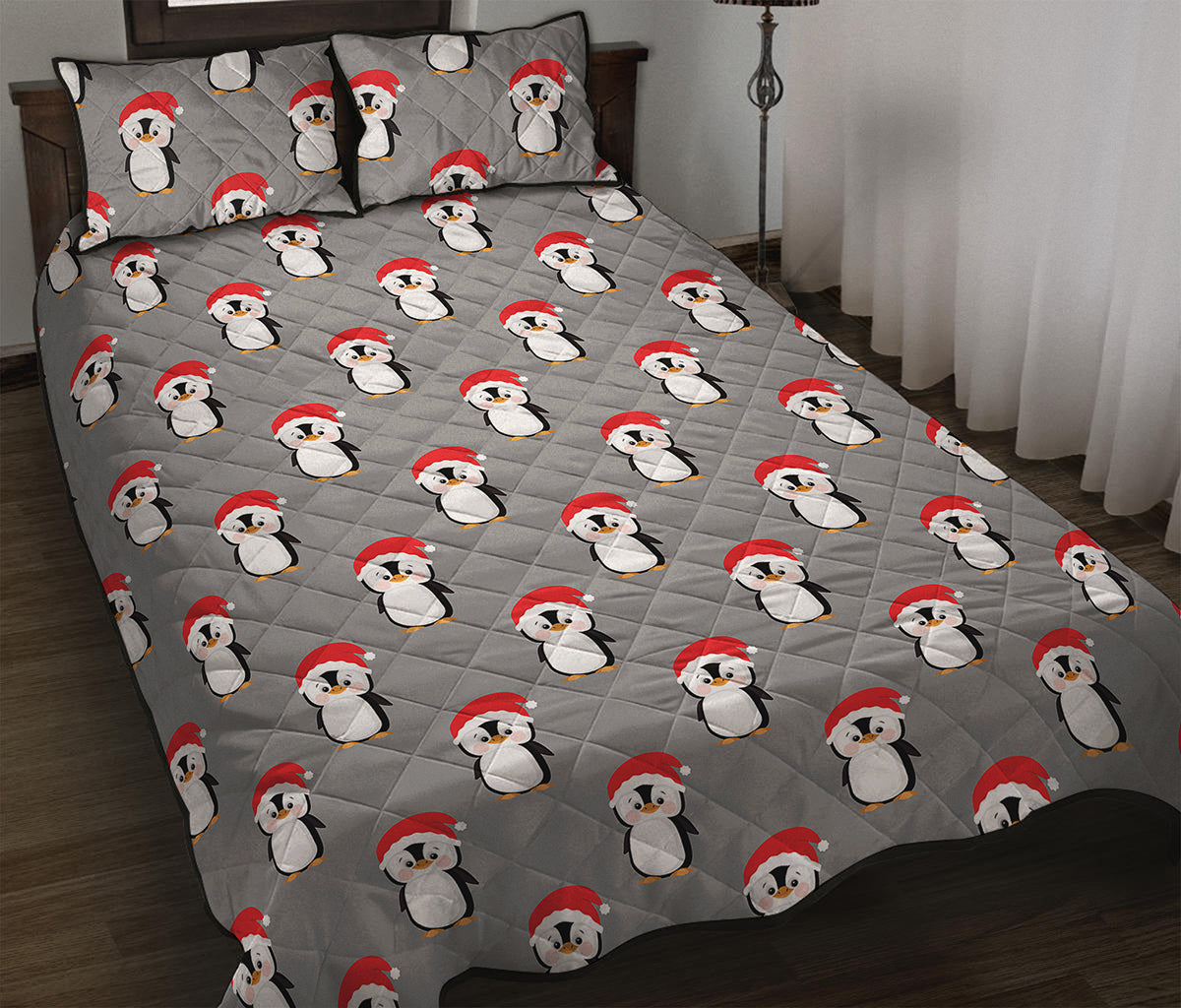 Christmas Santa Penguin Pattern Print Quilt Bed Set
