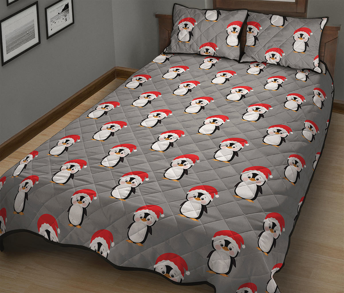 Christmas Santa Penguin Pattern Print Quilt Bed Set