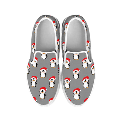 Christmas Santa Penguin Pattern Print White Slip On Shoes