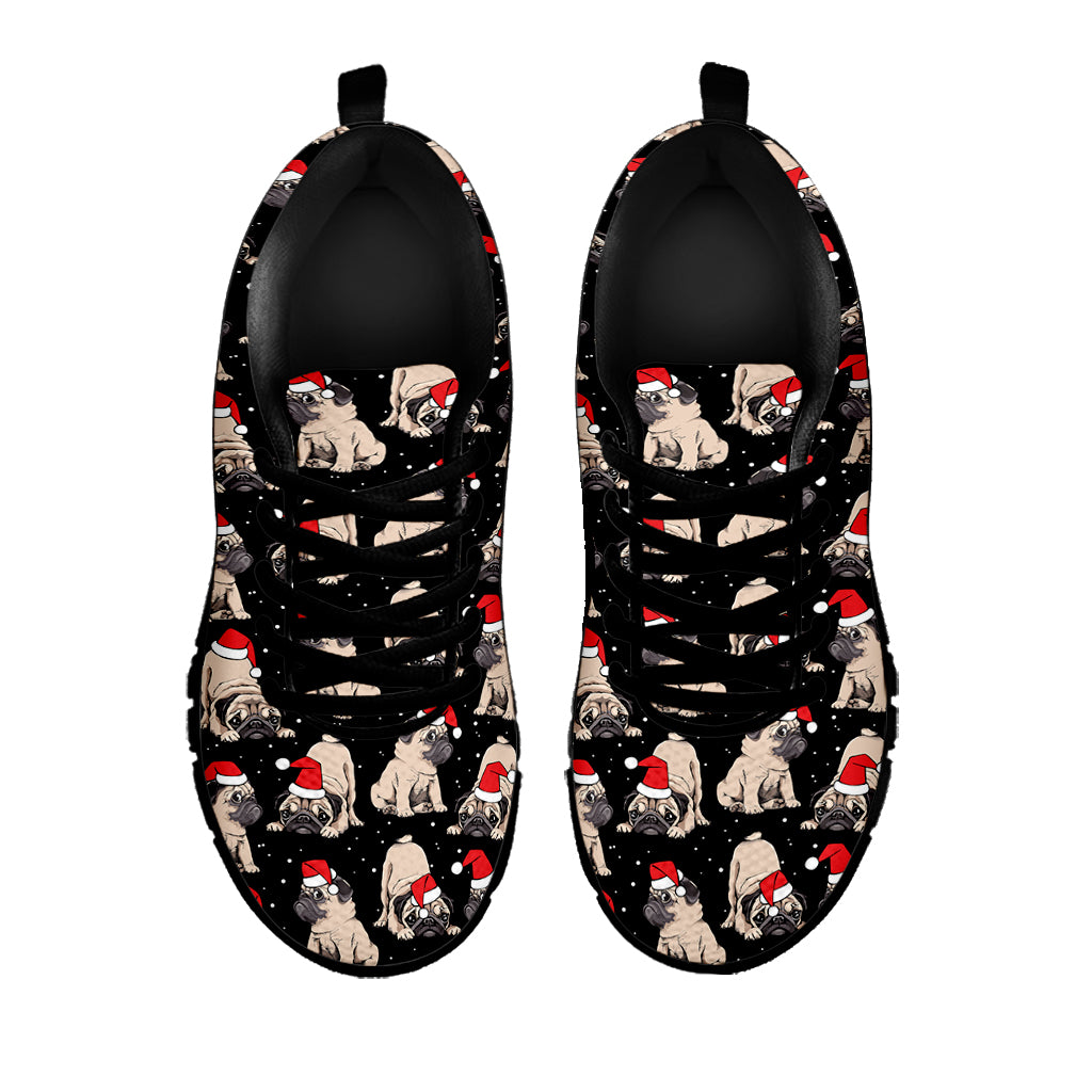 Christmas Santa Pug Pattern Print Black Sneakers