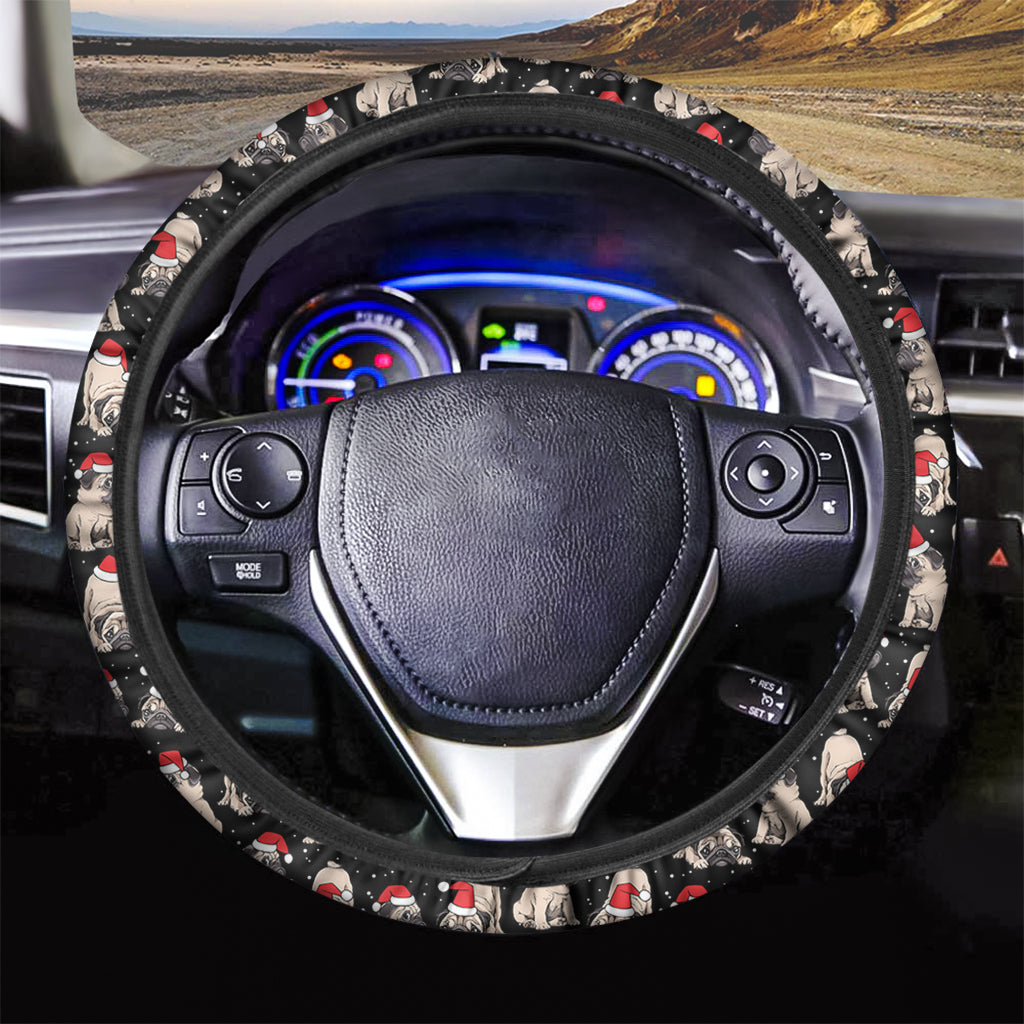 Christmas Santa Pug Pattern Print Car Steering Wheel Cover