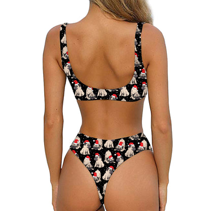 Christmas Santa Pug Pattern Print Front Bow Tie Bikini