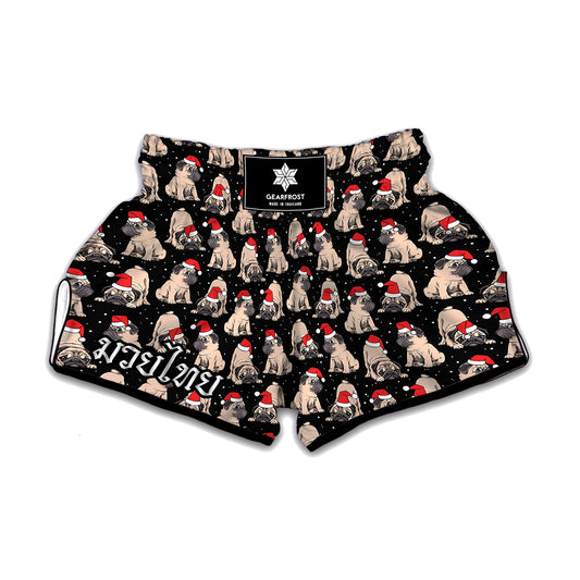 Christmas Santa Pug Pattern Print Muay Thai Boxing Shorts