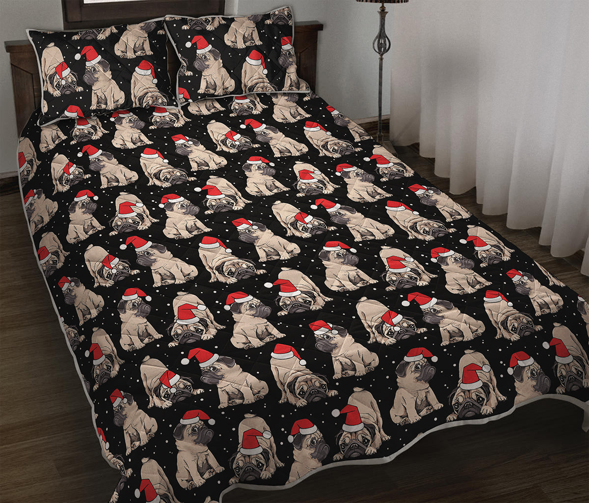 Christmas Santa Pug Pattern Print Quilt Bed Set