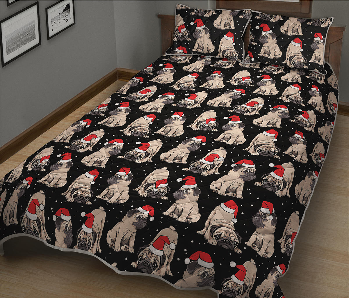 Christmas Santa Pug Pattern Print Quilt Bed Set