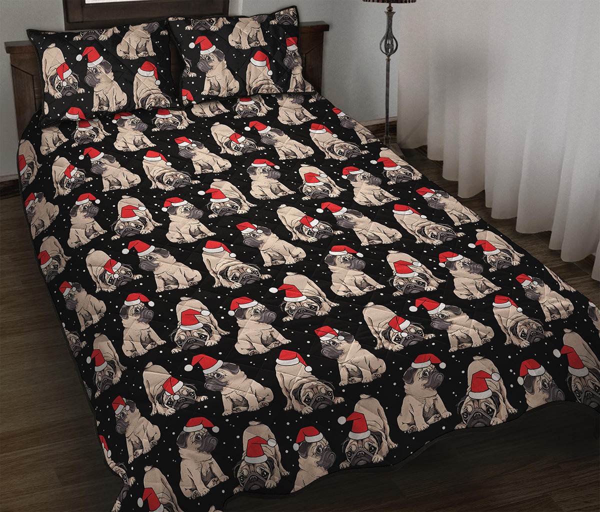 Christmas Santa Pug Pattern Print Quilt Bed Set