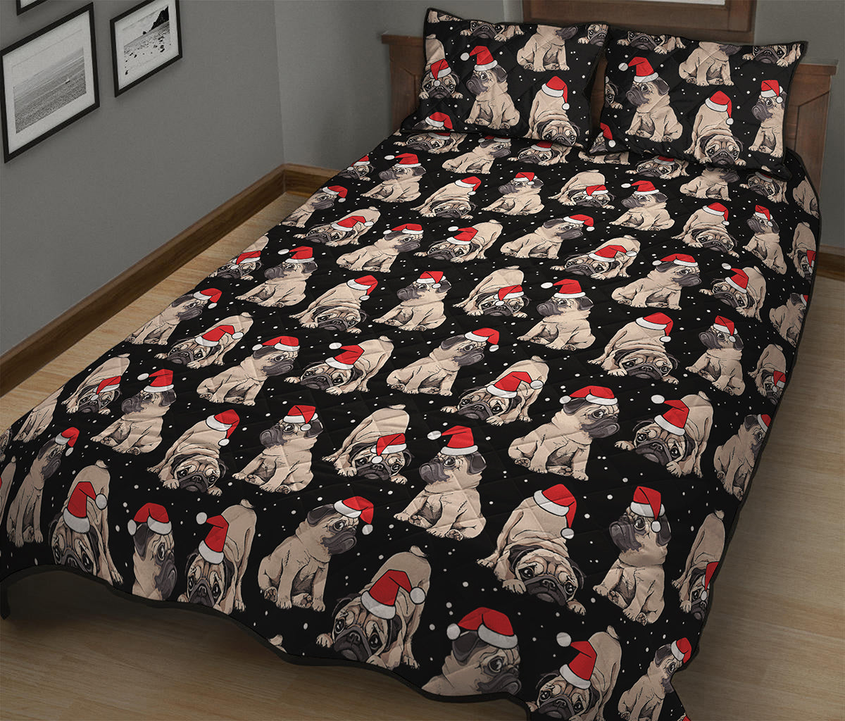 Christmas Santa Pug Pattern Print Quilt Bed Set