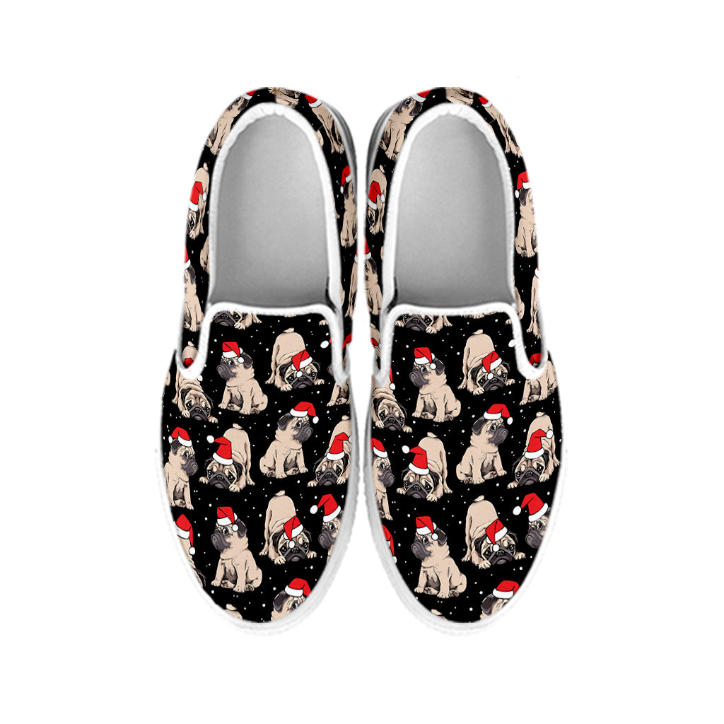 Christmas Santa Pug Pattern Print White Slip On Shoes