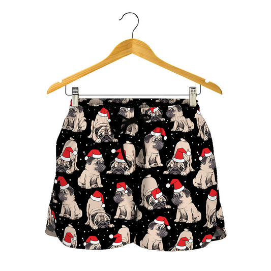 Christmas Santa Pug Pattern Print Women's Shorts