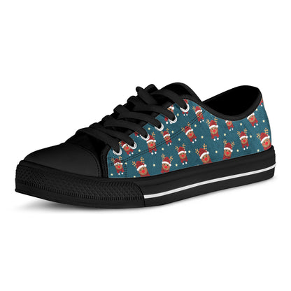 Christmas Santa Reindeer Pattern Print Black Low Top Shoes