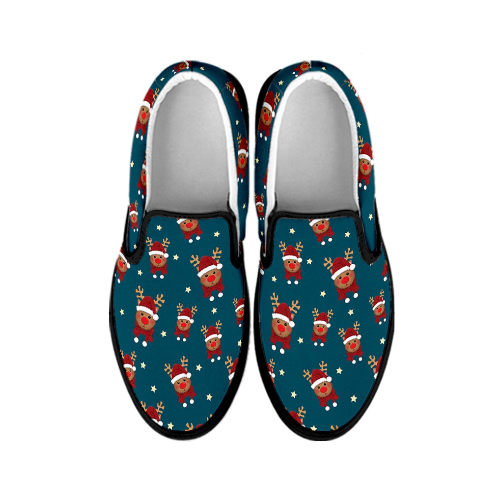 Christmas Santa Reindeer Pattern Print Black Slip On Shoes