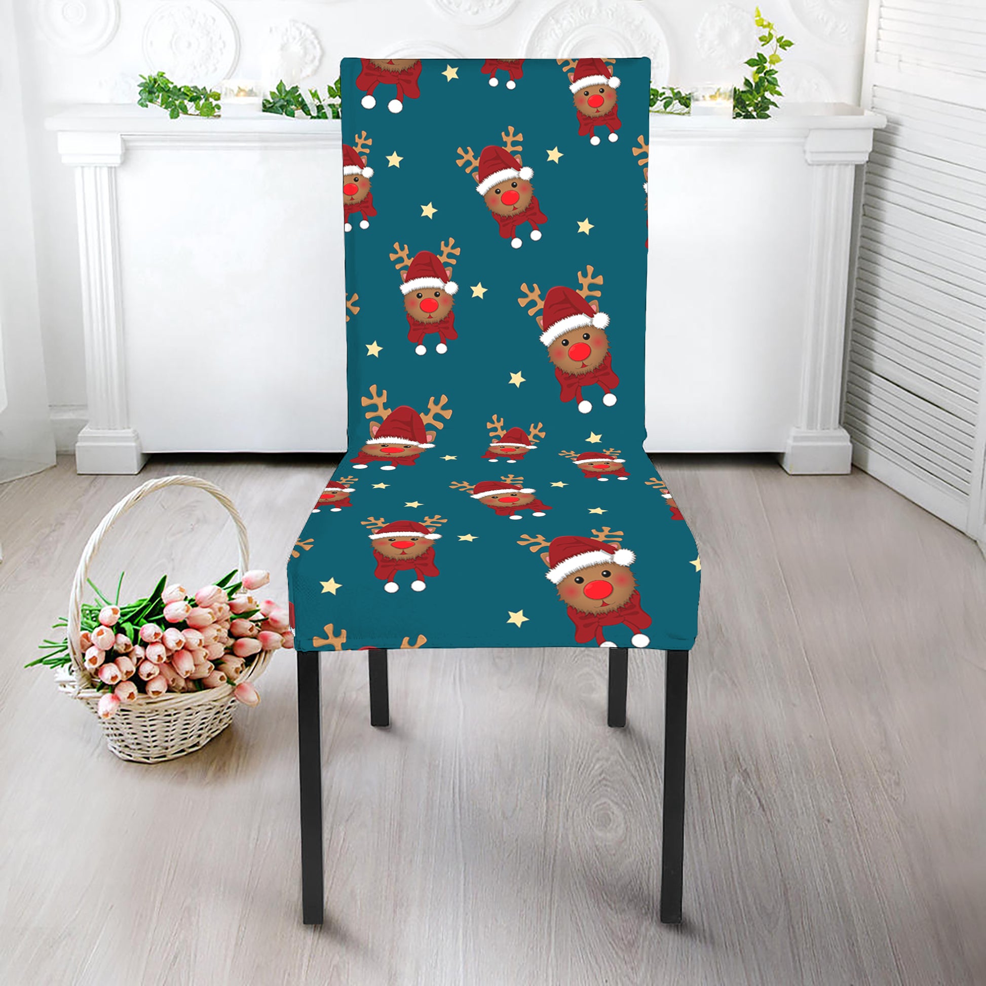 Christmas Santa Reindeer Pattern Print Dining Chair Slipcover