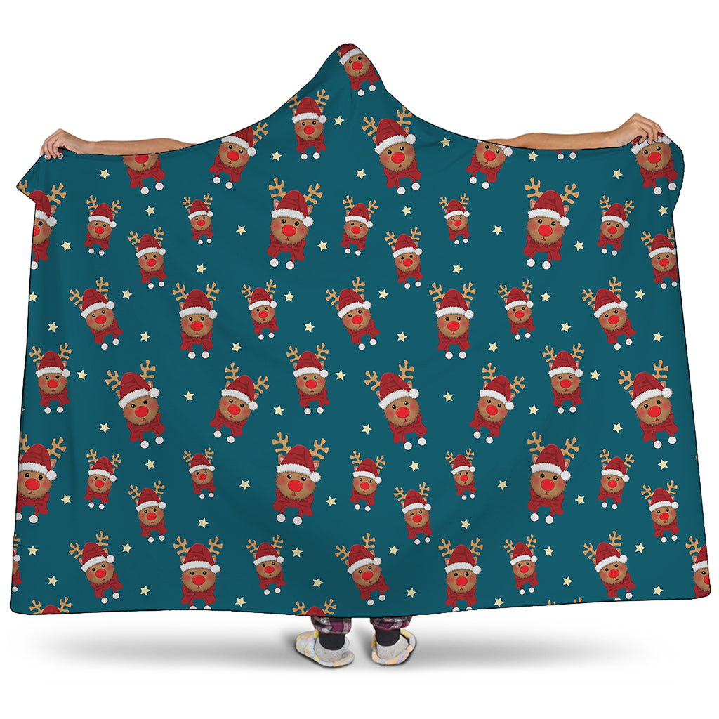 Christmas Santa Reindeer Pattern Print Hooded Blanket