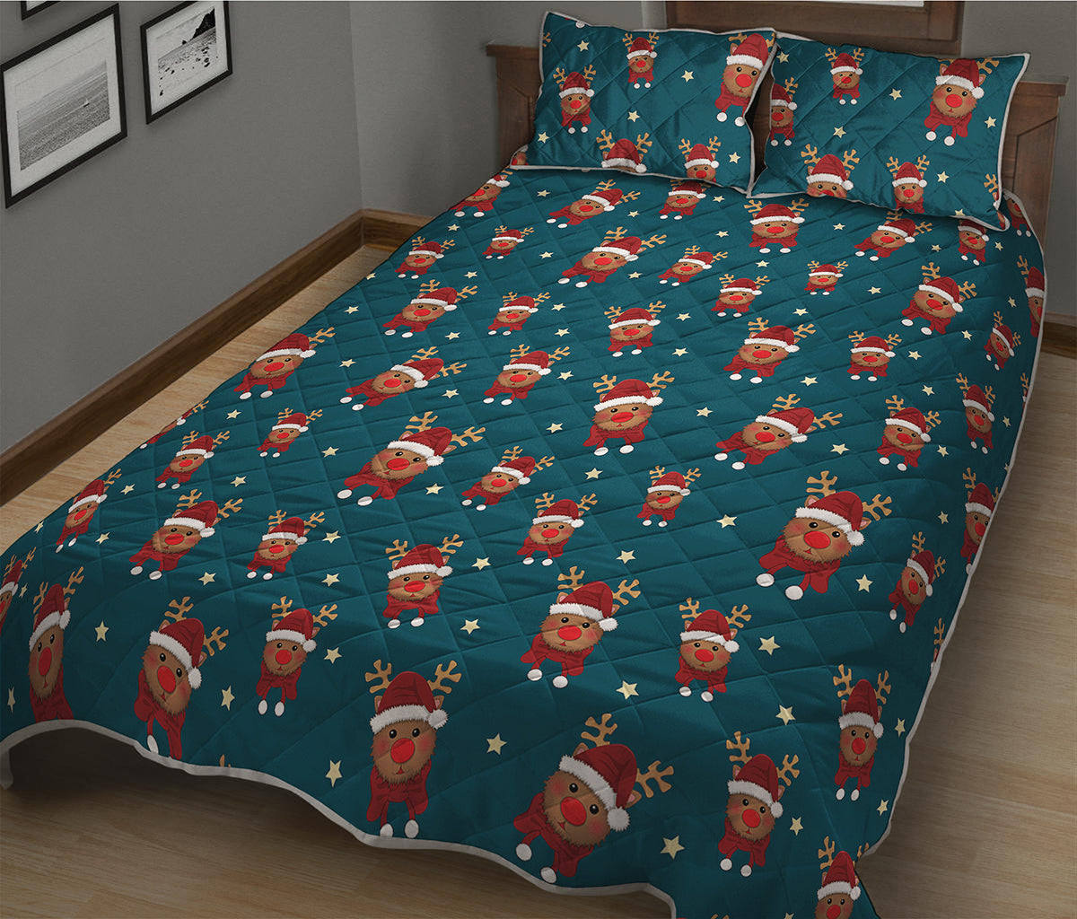 Christmas Santa Reindeer Pattern Print Quilt Bed Set