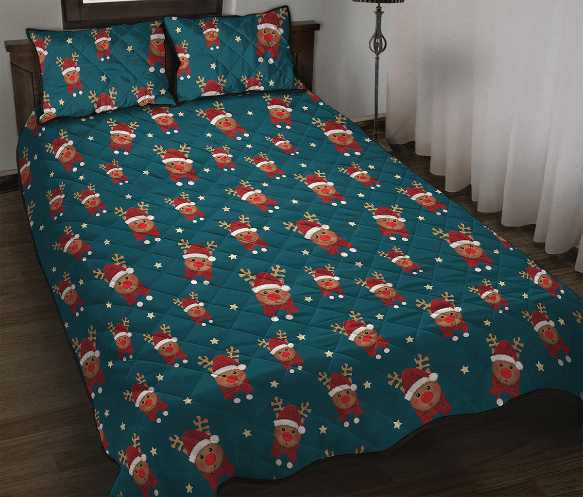 Christmas Santa Reindeer Pattern Print Quilt Bed Set