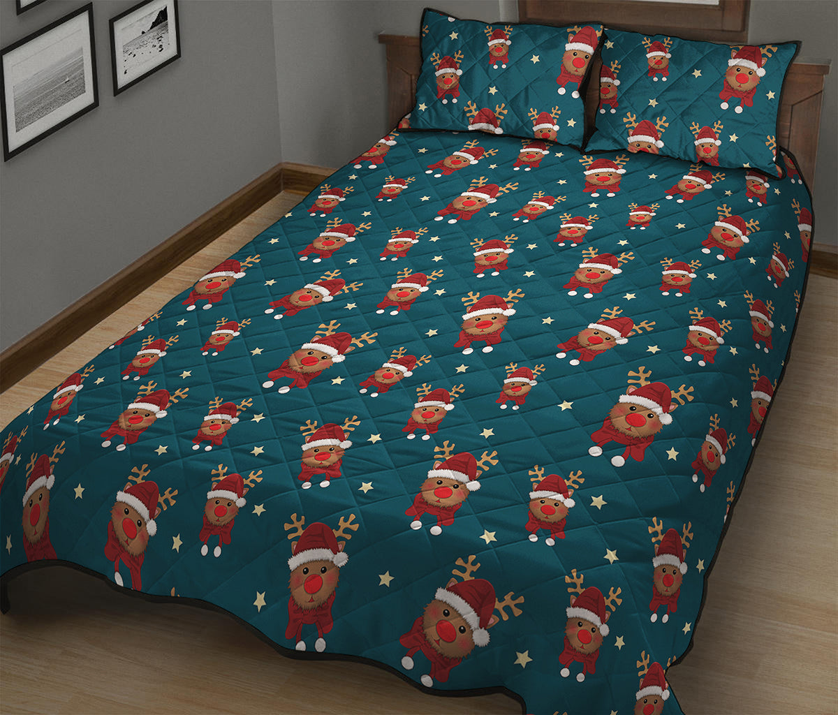 Christmas Santa Reindeer Pattern Print Quilt Bed Set