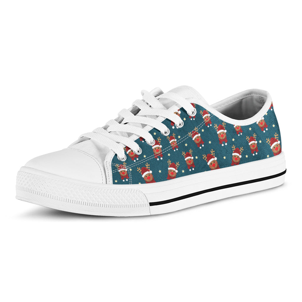 Christmas Santa Reindeer Pattern Print White Low Top Shoes