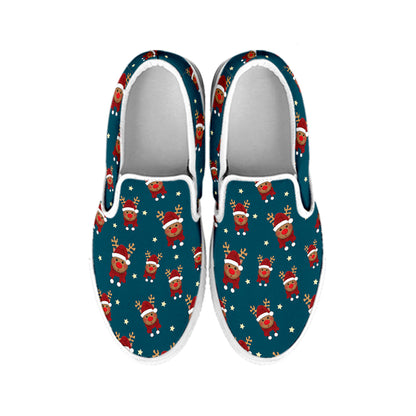 Christmas Santa Reindeer Pattern Print White Slip On Shoes