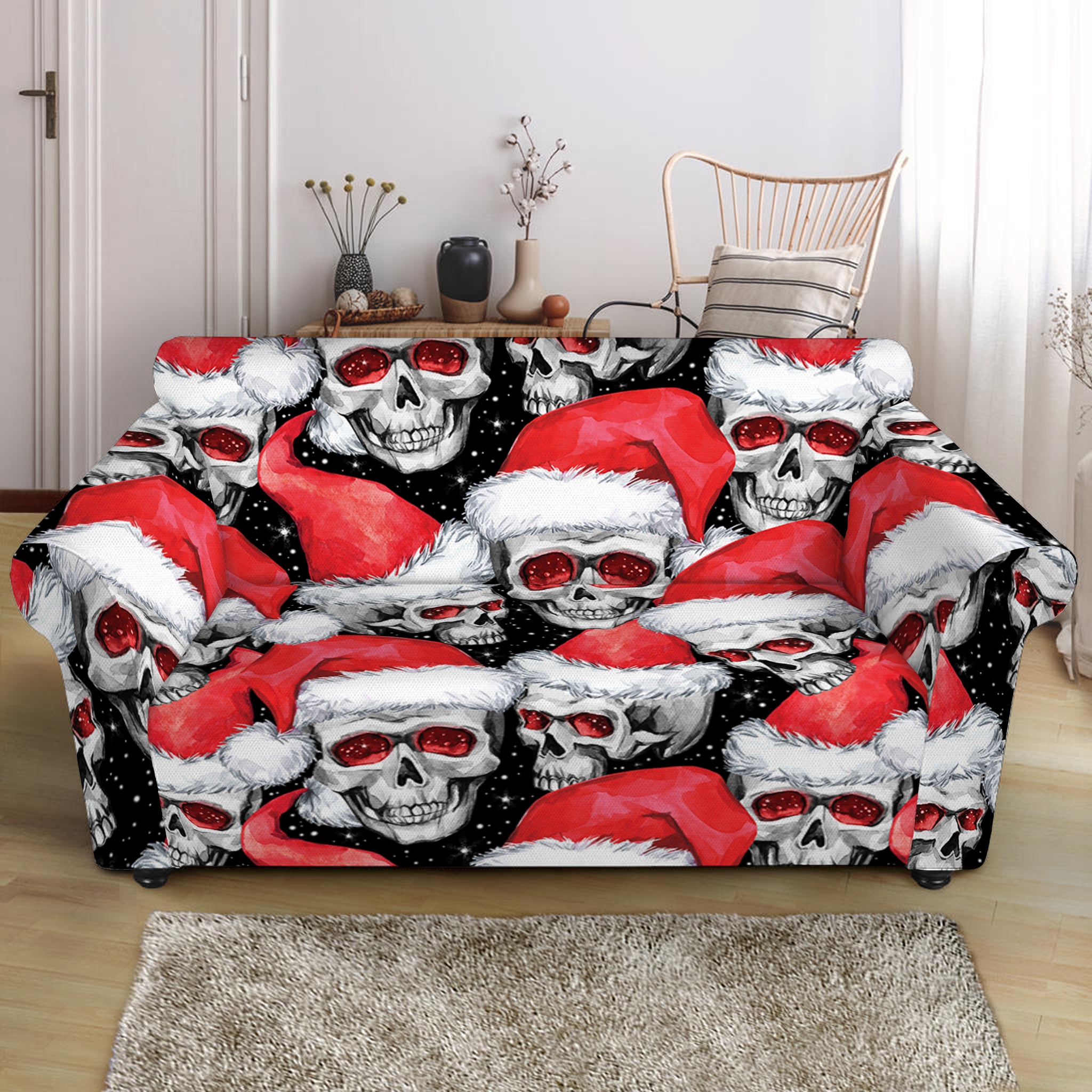 Christmas Santa Skull Pattern Print Loveseat Slipcover