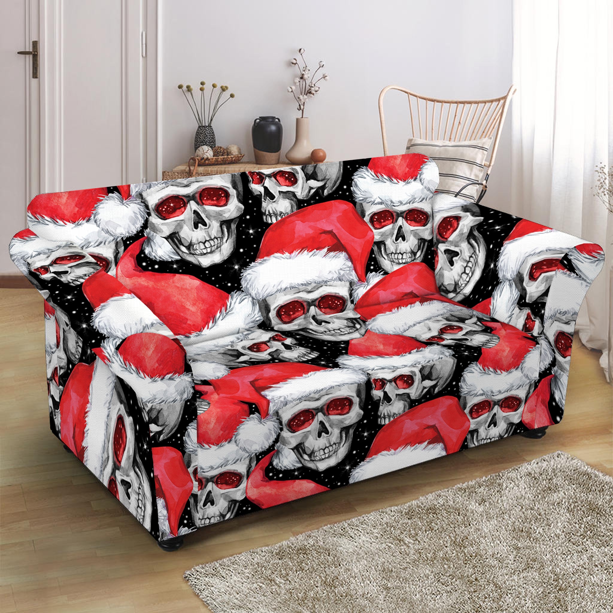 Christmas Santa Skull Pattern Print Loveseat Slipcover