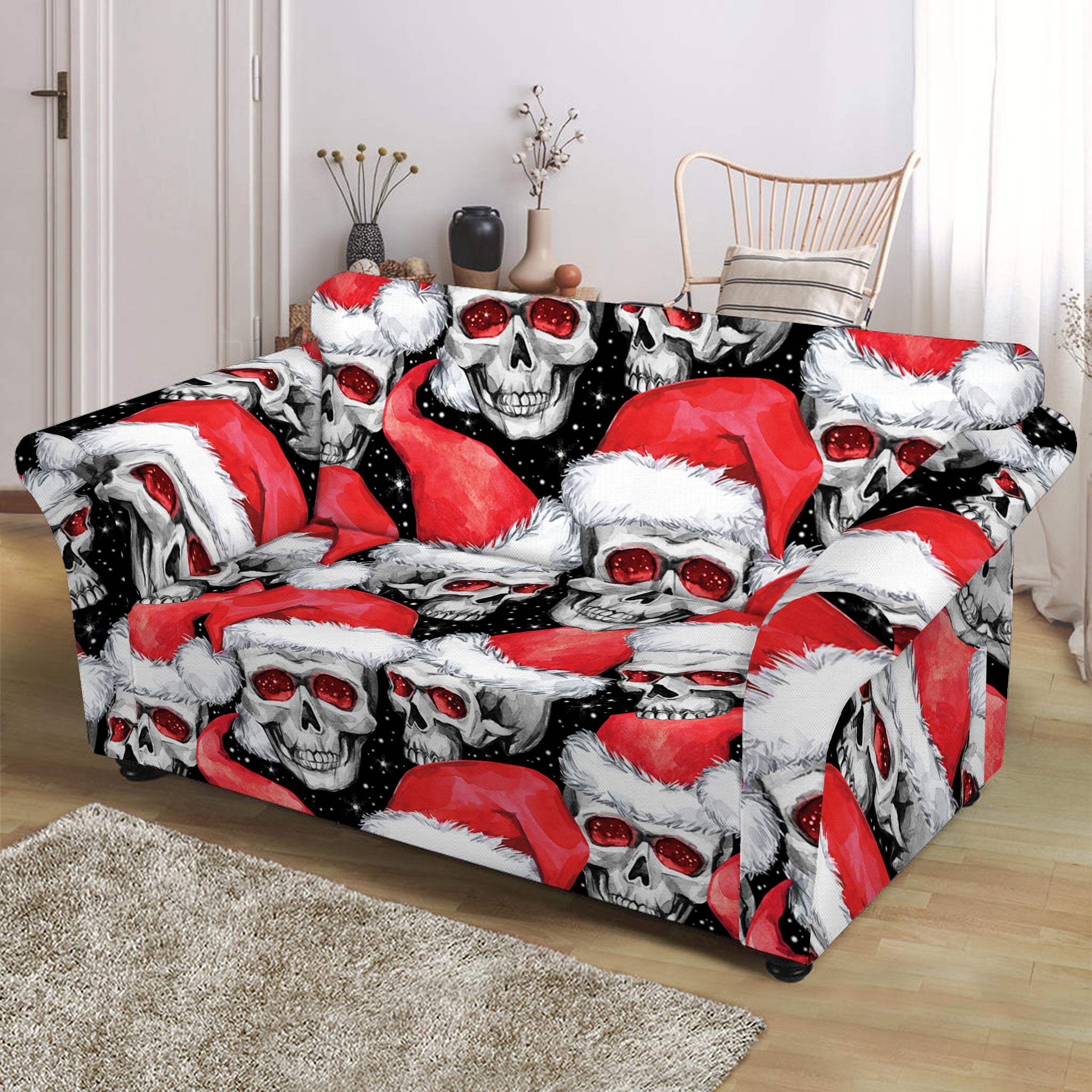 Christmas Santa Skull Pattern Print Loveseat Slipcover