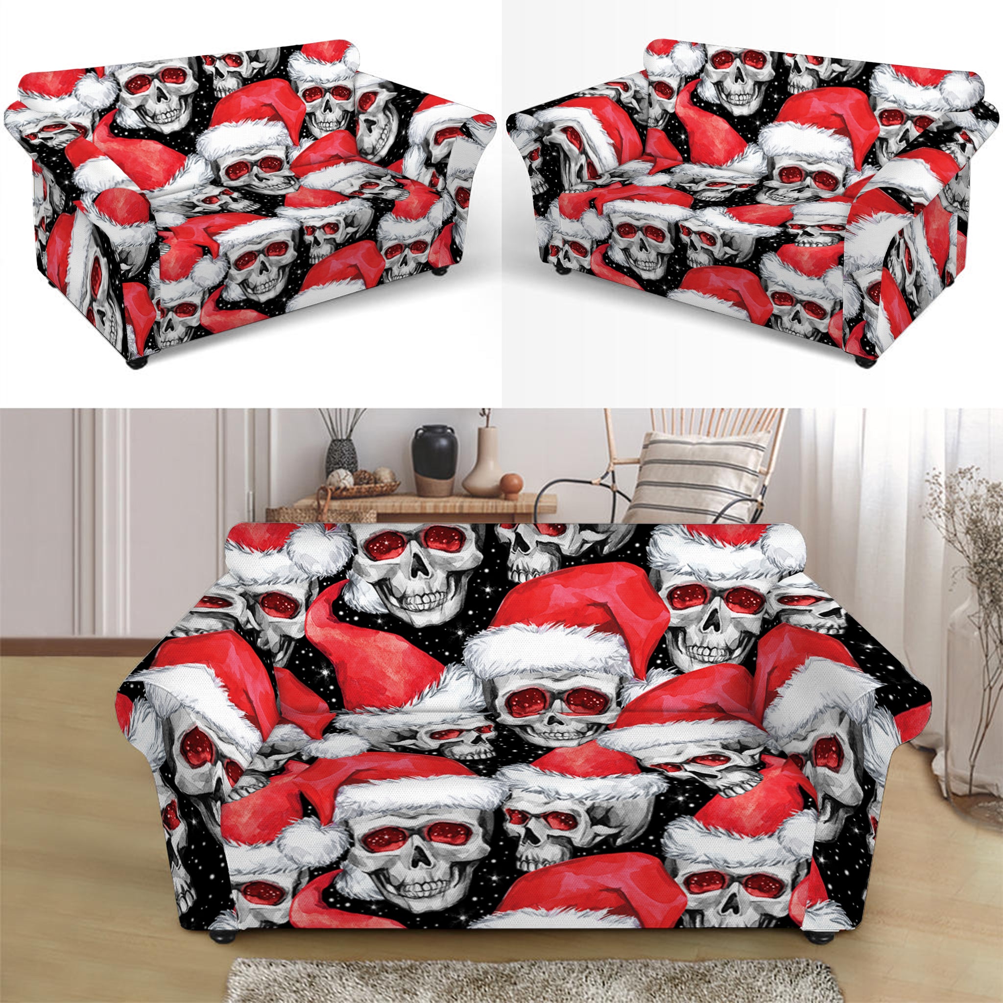 Christmas Santa Skull Pattern Print Loveseat Slipcover