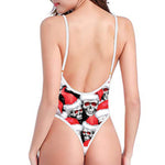 Christmas Santa Skull Pattern Print One Piece High Cut Swimsuit