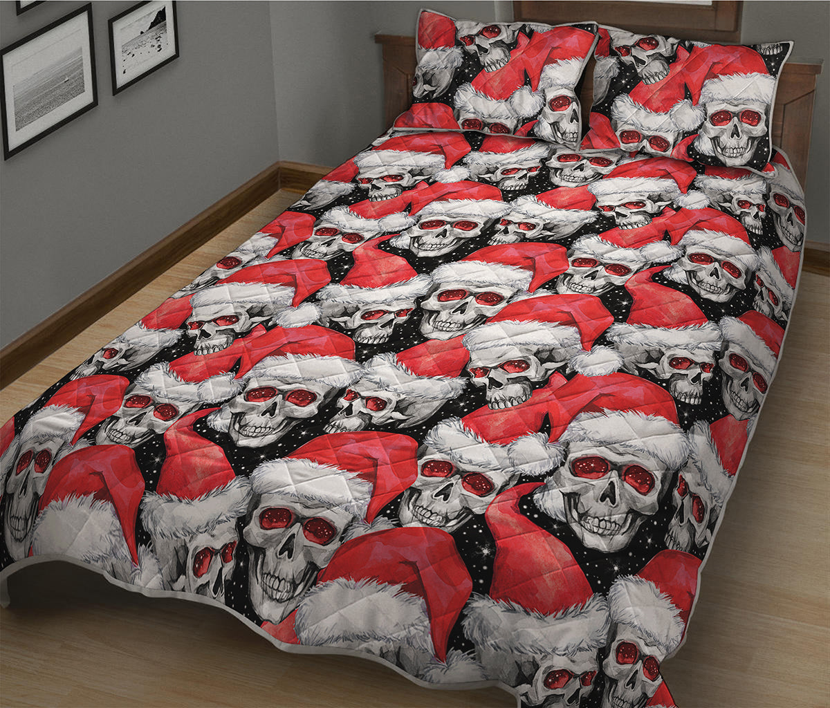Christmas Santa Skull Pattern Print Quilt Bed Set