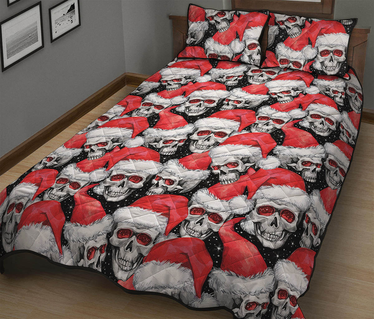 Christmas Santa Skull Pattern Print Quilt Bed Set