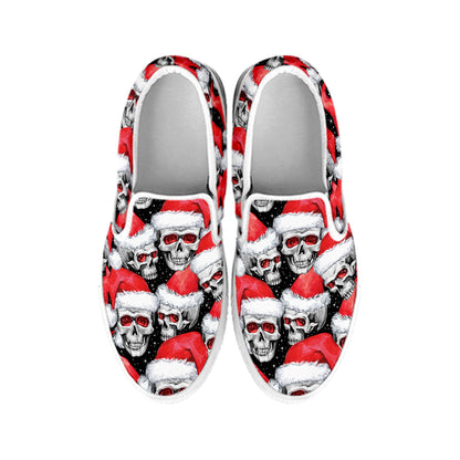 Christmas Santa Skull Pattern Print White Slip On Shoes