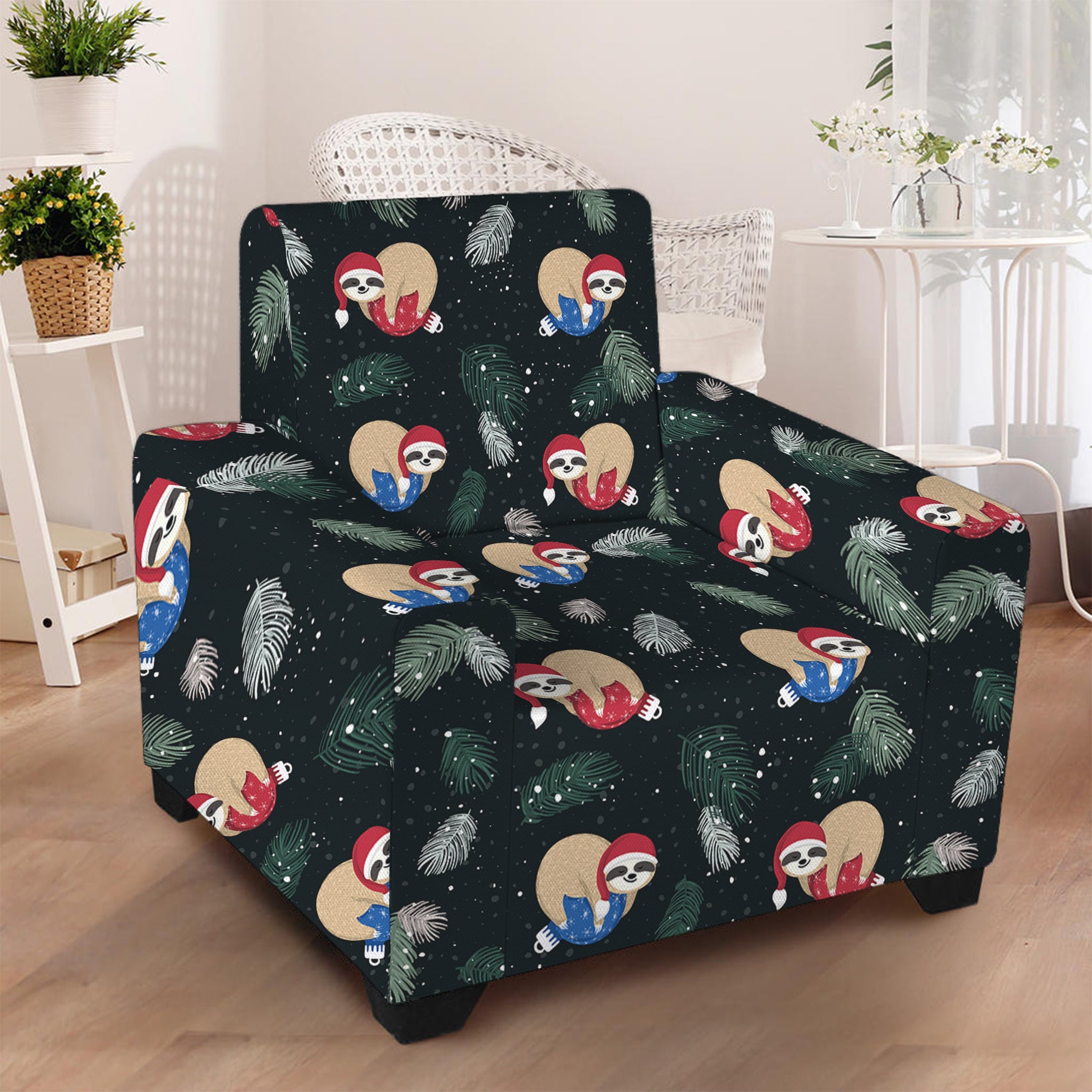 Christmas Sleeping Sloths Pattern Print Armchair Slipcover