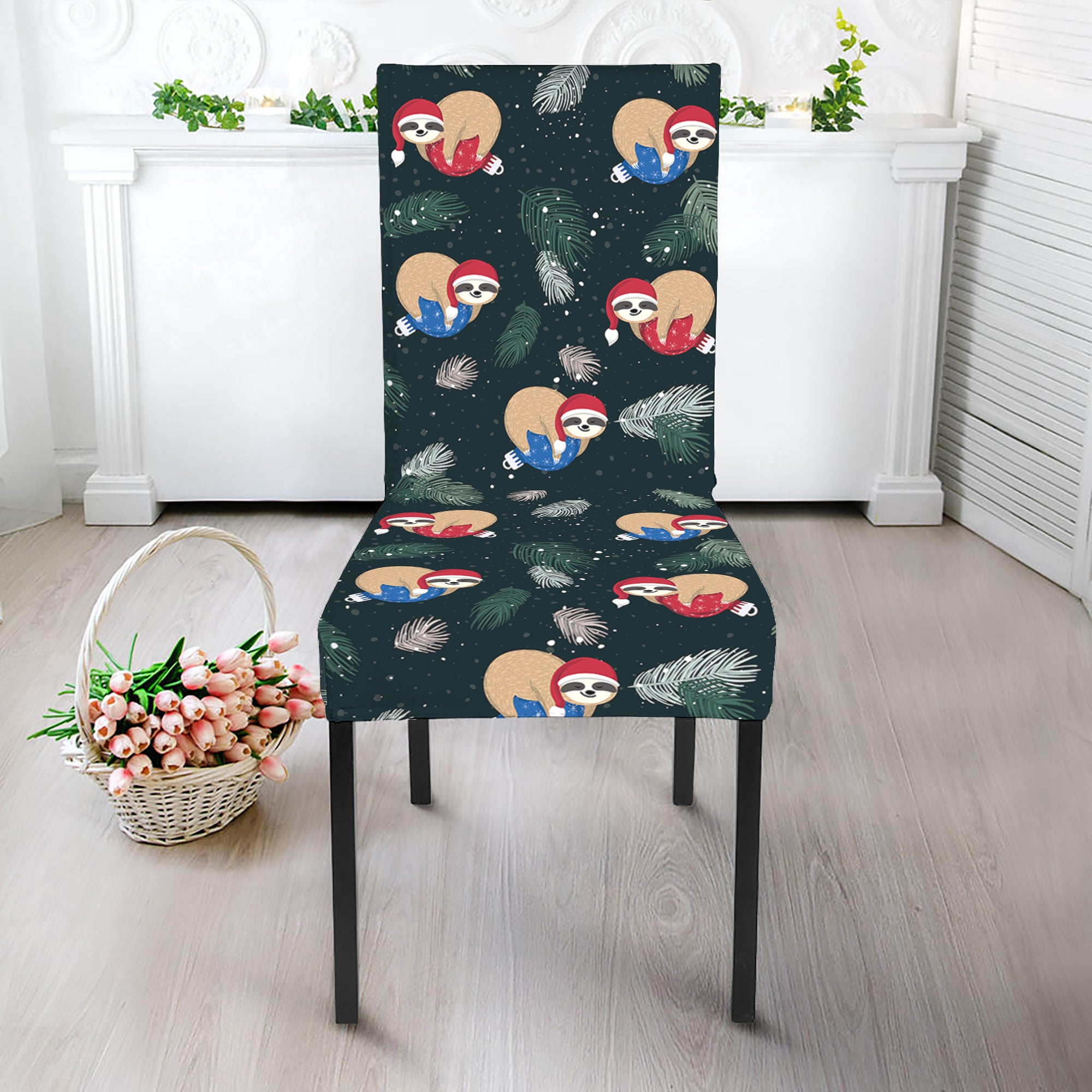 Christmas Sleeping Sloths Pattern Print Dining Chair Slipcover