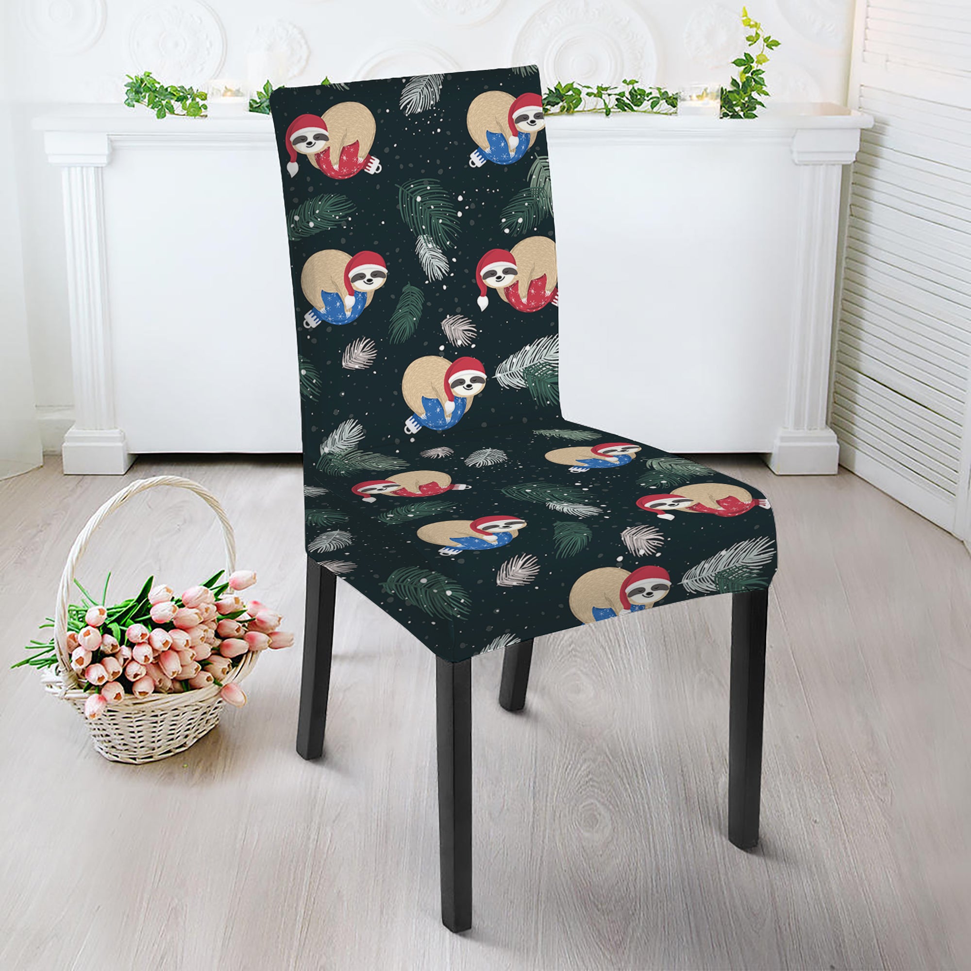 Christmas Sleeping Sloths Pattern Print Dining Chair Slipcover