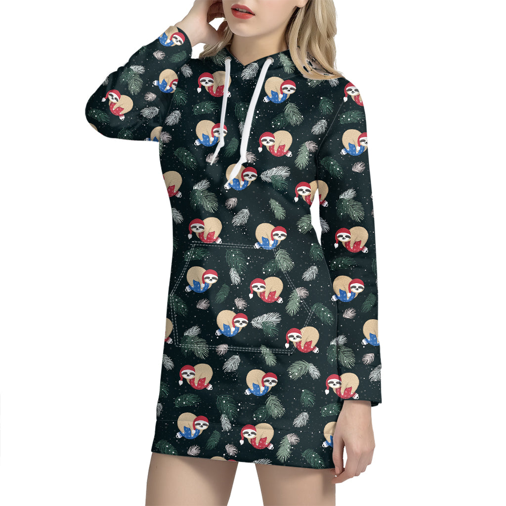 Christmas Sleeping Sloths Pattern Print Hoodie Dress