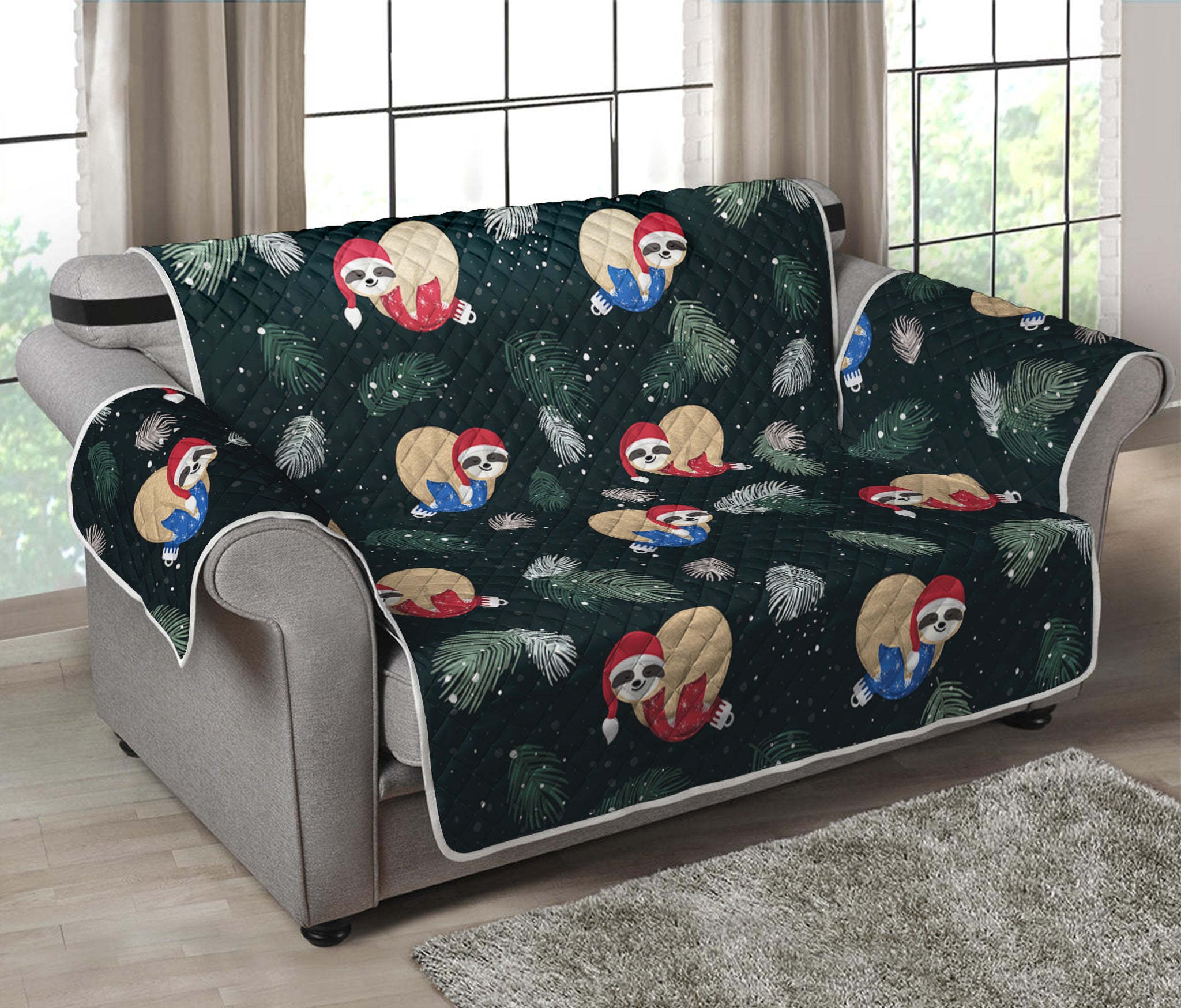 Christmas Sleeping Sloths Pattern Print Loveseat Protector