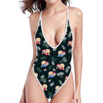 Christmas Sleeping Sloths Pattern Print One Piece High Cut Swimsuit