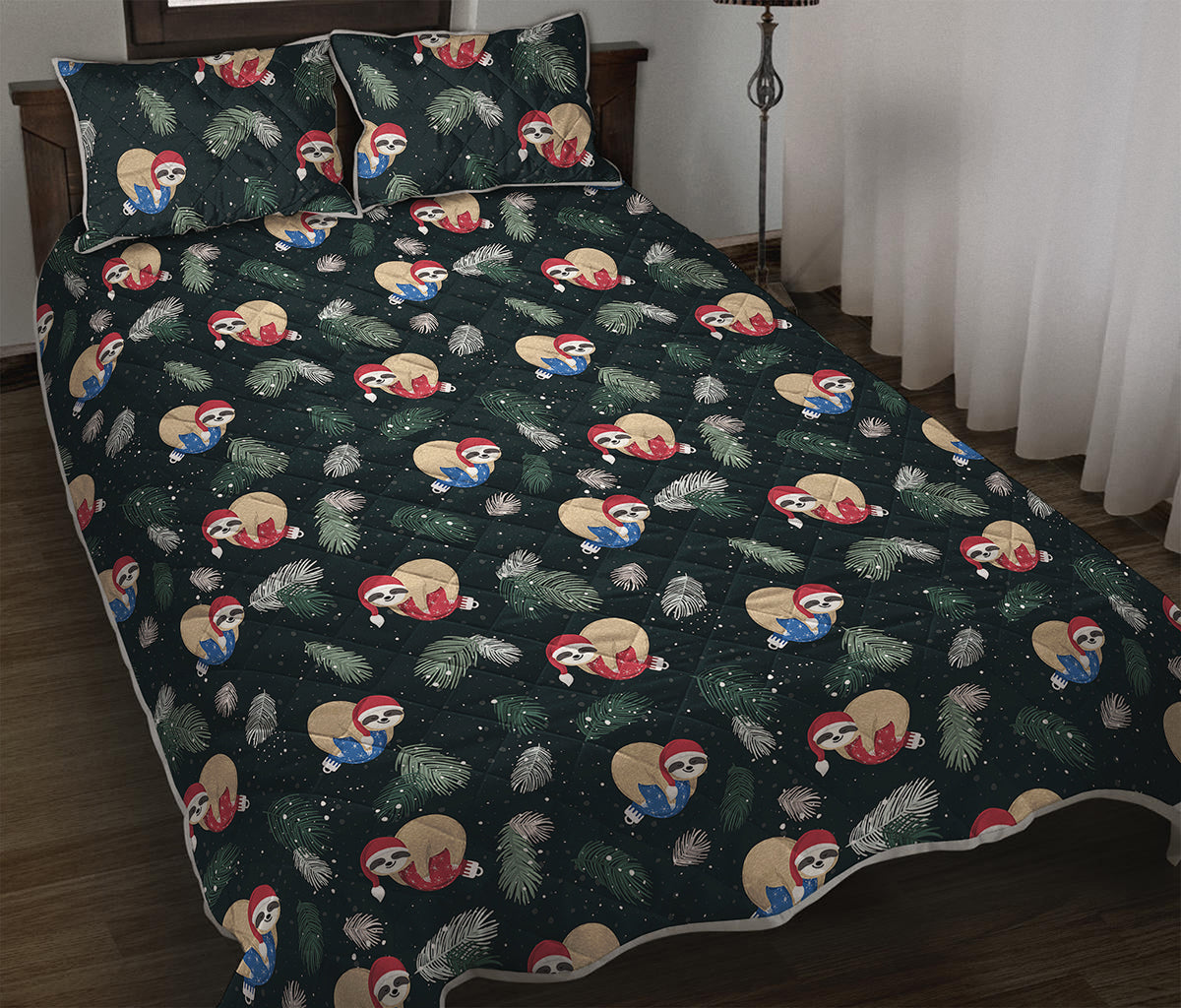 Christmas Sleeping Sloths Pattern Print Quilt Bed Set