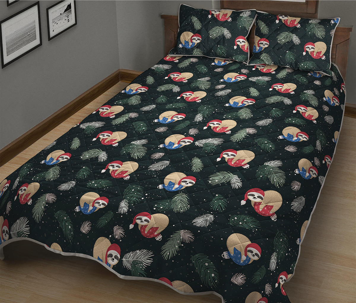 Christmas Sleeping Sloths Pattern Print Quilt Bed Set