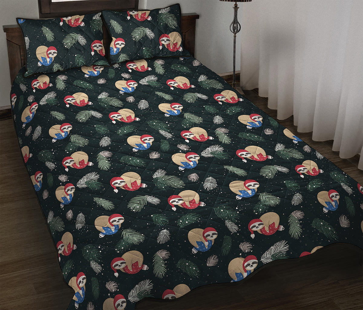 Christmas Sleeping Sloths Pattern Print Quilt Bed Set