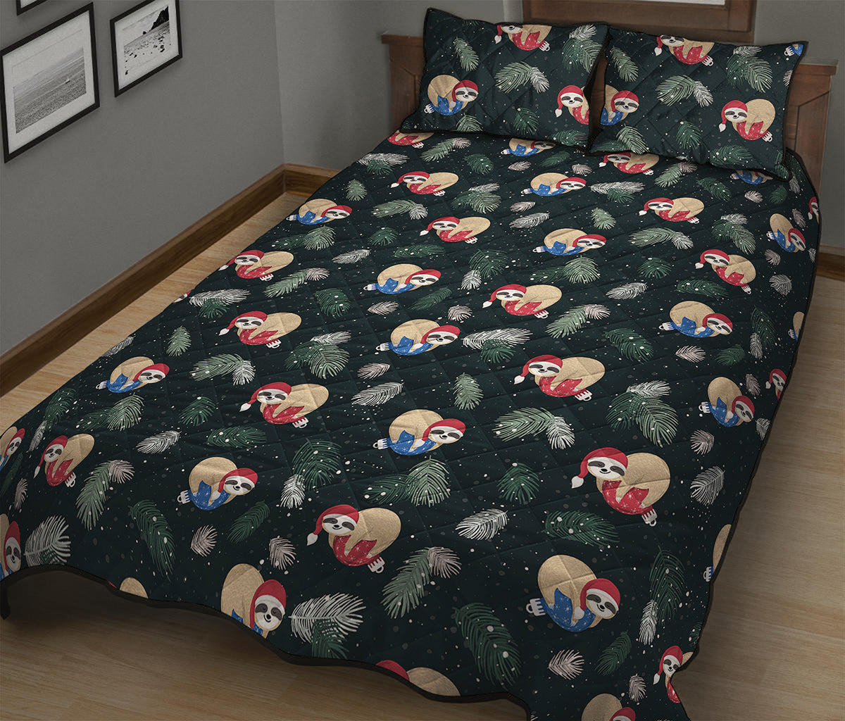Christmas Sleeping Sloths Pattern Print Quilt Bed Set
